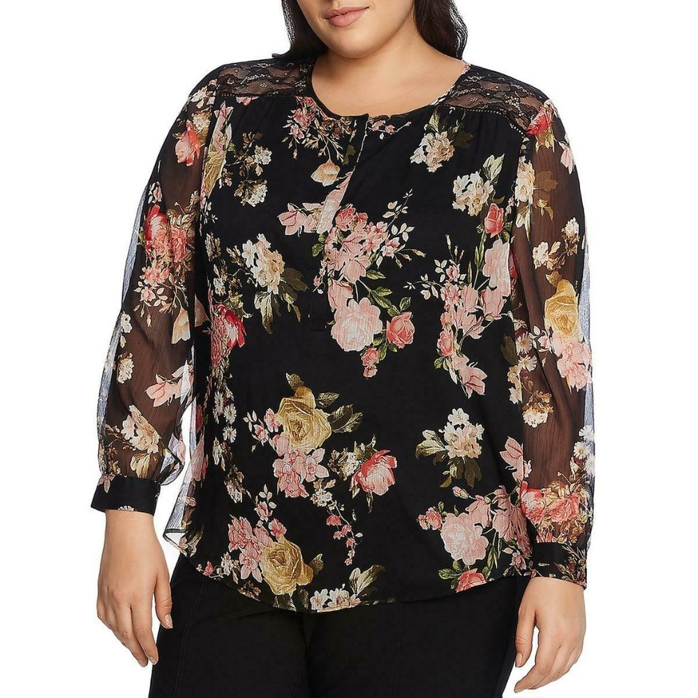 Vince Camuto  Lace Trim Chiffon Shirt Blouse